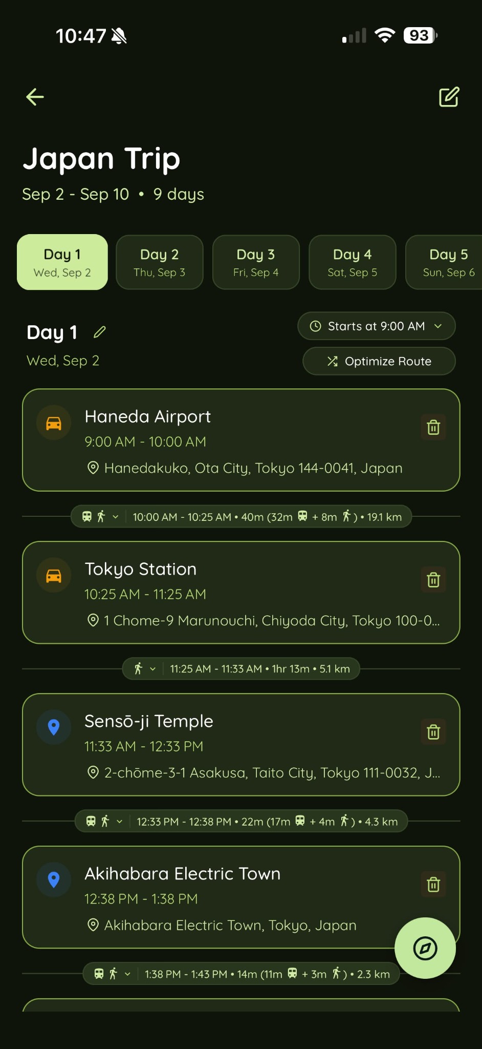 QuickTrip itinerary screen